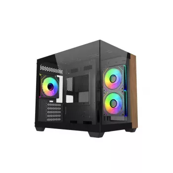 Pc-behuizing Cooler Master Elite 481 Wood — dual-chamber mATX met natuurlijk houtdesign en twee tempered-glass panelen