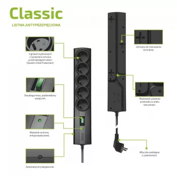 Overspanningsbeveiliging stekkerdoos EVER CLASSIC, 5x Type-E stopcontacten, 250 V, 1,5 m kabel, 175 J, met schakelaar