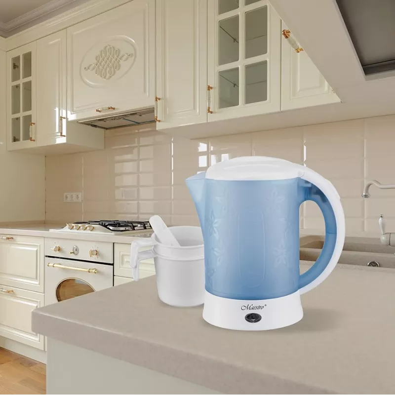 Elektrische waterkoker Maestro MR010 0,6 l 600 W — blauw/wit, waterstandindicator, antikalkfilter