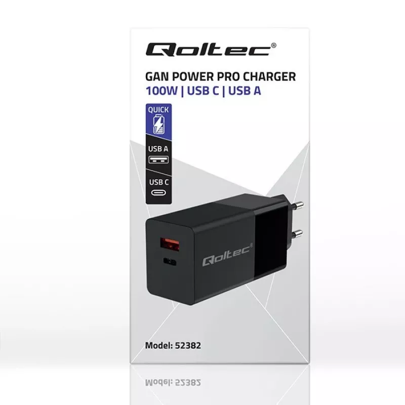 Qoltec 52382 GaN POWER PRO oplader | 1xUSB Type C | 1xUSB A | 100W | 5-20V | 1.5-5A | PD | zwart