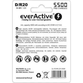 Oplaadbare batterij everActive EVHRL20-5500 D NiMH 1,2 V 5500 mAh, 2-pack