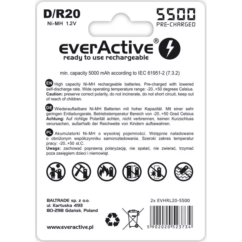 Oplaadbare batterij everActive EVHRL20-5500 D NiMH 1,2 V 5500 mAh, 2-pack