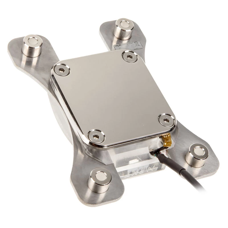 Waterblock Aqua-Computer 21716 — acryl/nikkel, 111×75×22 mm, zilver/wit