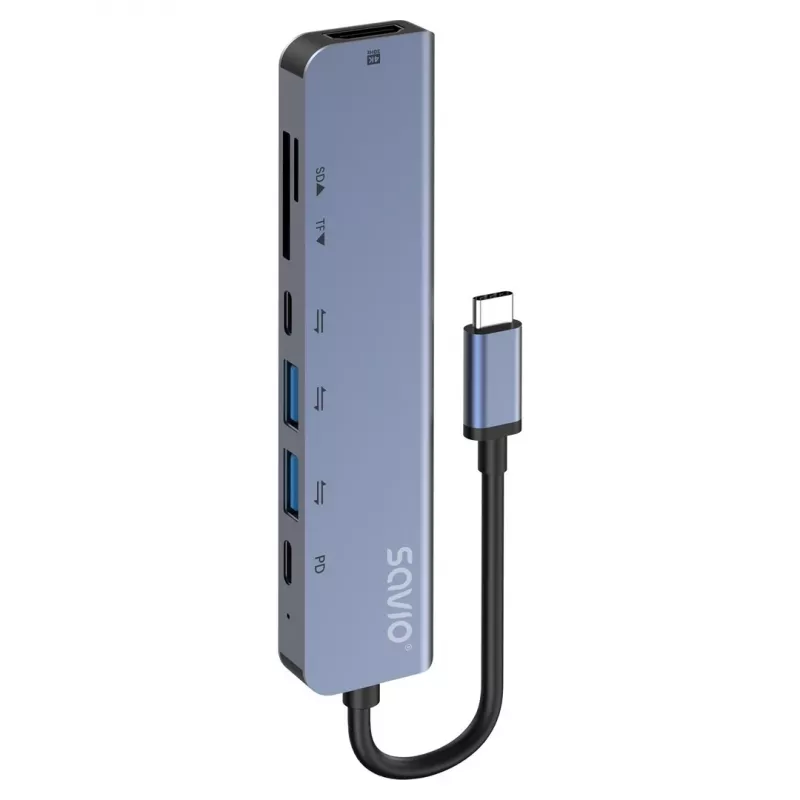 USB Type-C hub SAVIO AK-82 met HDMI, MicroSD, USB 3.2 Gen1, PD-doorgang, 4K@30Hz, 5000 Mbit/s, zwart