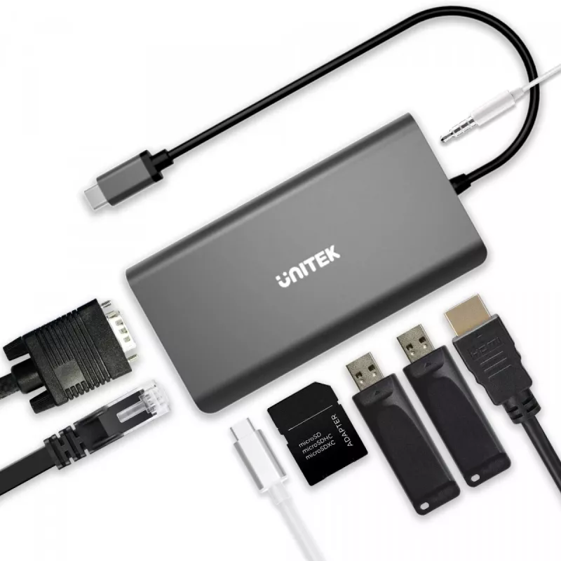 UNITEK uHUB O8+ bekabelde USB 3.2 Gen 1 Type-C hub, grijs, 100W Power Delivery