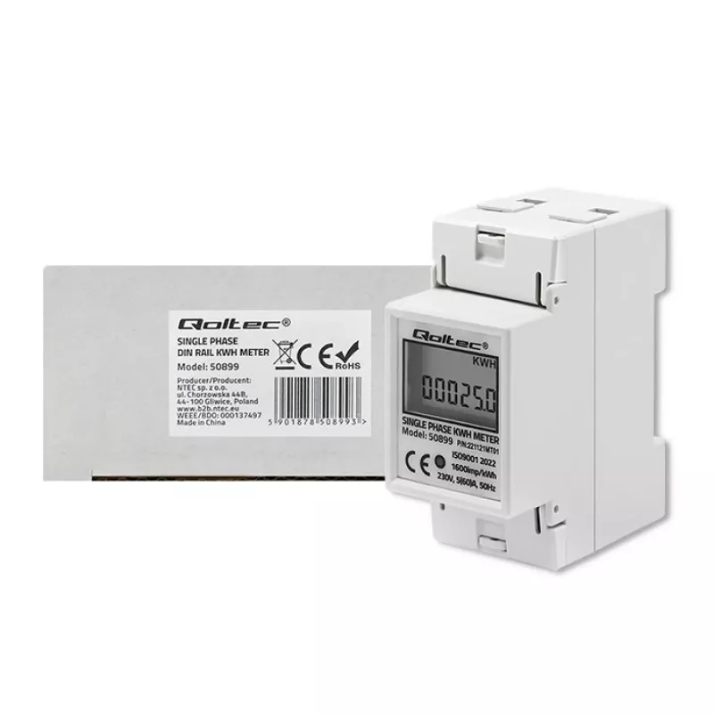 Eenfasige energieverbruiksmeter QOLTEC 50899 230 V 50 Hz, 5(60)A, klasse 1.0, LCD