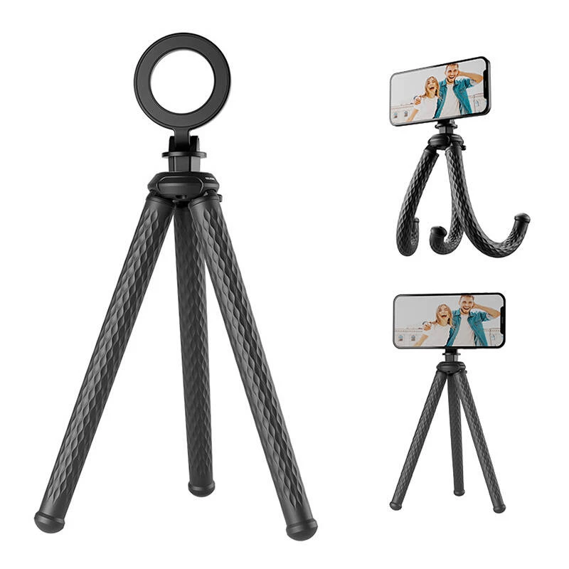 Flexibel statief voor smartphones Telesin P3-FM-02, zwart, buigzame poten, compacte telefoonhouder