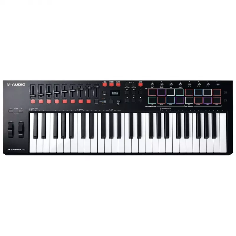 M-Audio Oxygen Pro 49 MIDI-toetsenbordcontroller — 49 toetsen, 16 pads, 9 faders, OLED-display, USB, MIDI-out