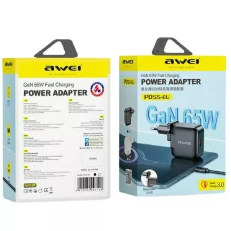 Oplader GaN 65W USB+USB -C EU+US