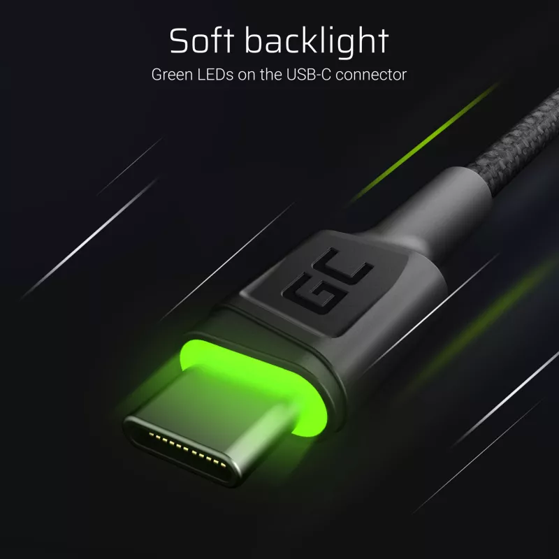 Green Cell GC Ray KABGCSET01 USB-A-naar-USB-C-kabelset, 3 stuks (30 cm, 120 cm, 200 cm), groene led, snelladen QC 3.0, zwart