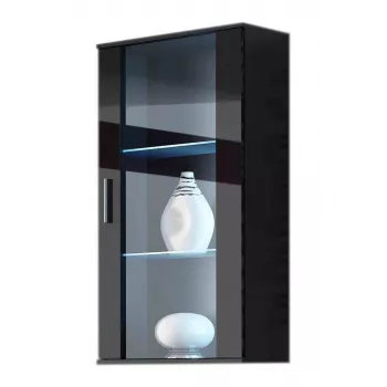 Vitrinekast Cama Meble SOHO wandmontage 1-deurs zwart frame mat / zwart glanzende deur met 2 glasplanken van gehard glas