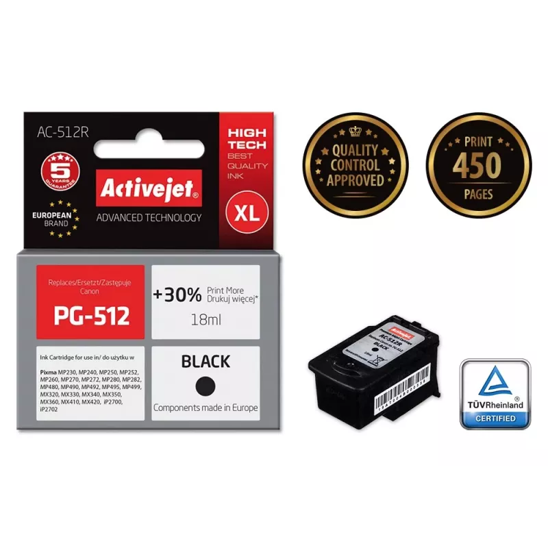 Activejet AC-512R inkt (vervanger voor Canon PG-512; Premium; 18 ml; zwart)