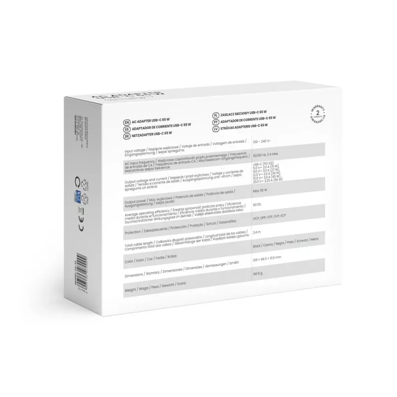 Binnen-AC-oplaadapparaat SAVIO ZA-01, 65W USB-C PD 3.0, 100–240V ingang, enkele aansluiting, zwart