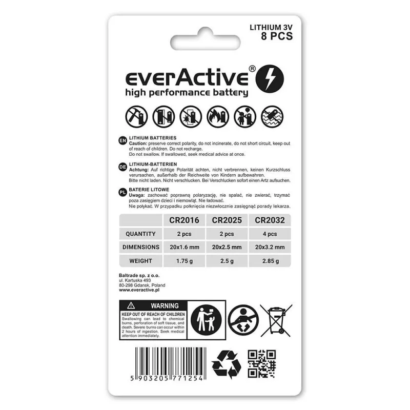 8 lithiumbatterijen-set everActive 4 x CR2032, 2 x CR2025, 2 x CR2016