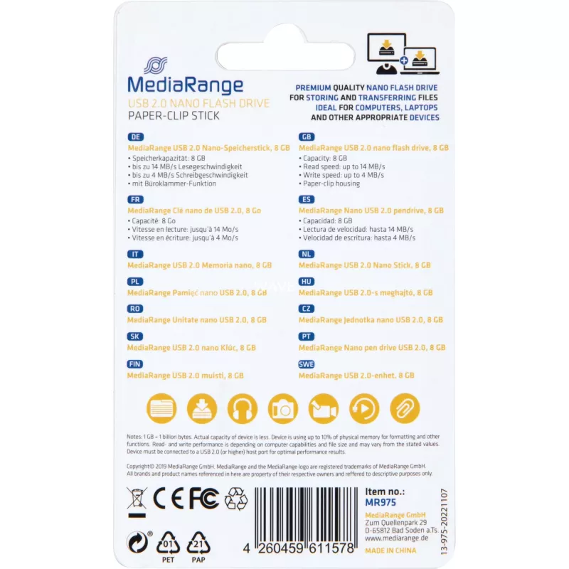 USB Nano 8 GB, USB-stick blauw, USB-A 2.0, met paperclip-functie