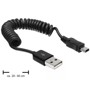 DeLOCK 83164 USB 2.0 spiraalkabel, USB-A naar Mini-USB B, 0,6 m, zwart