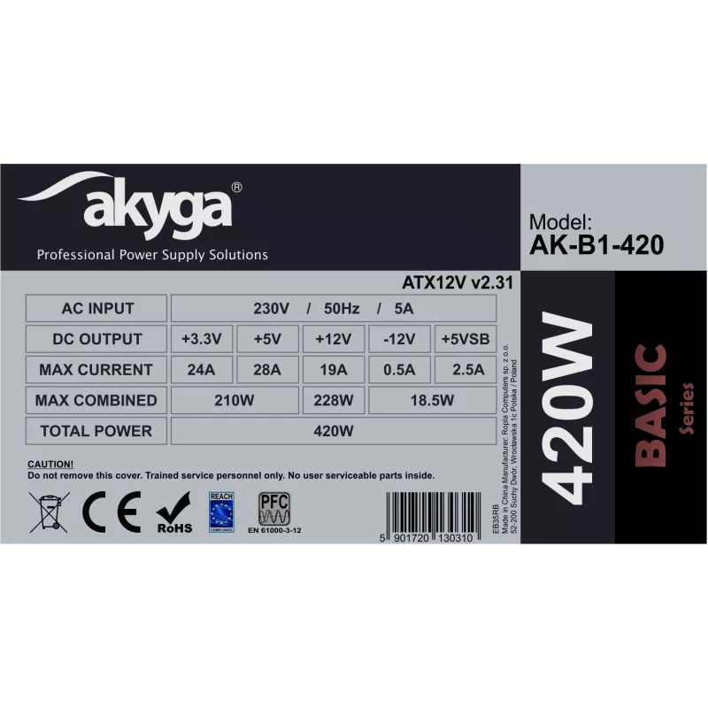 Akyga Basic AK-B1-420 ATX-voeding 420 W, 120-mm-ventilator, passieve PFC, grijs