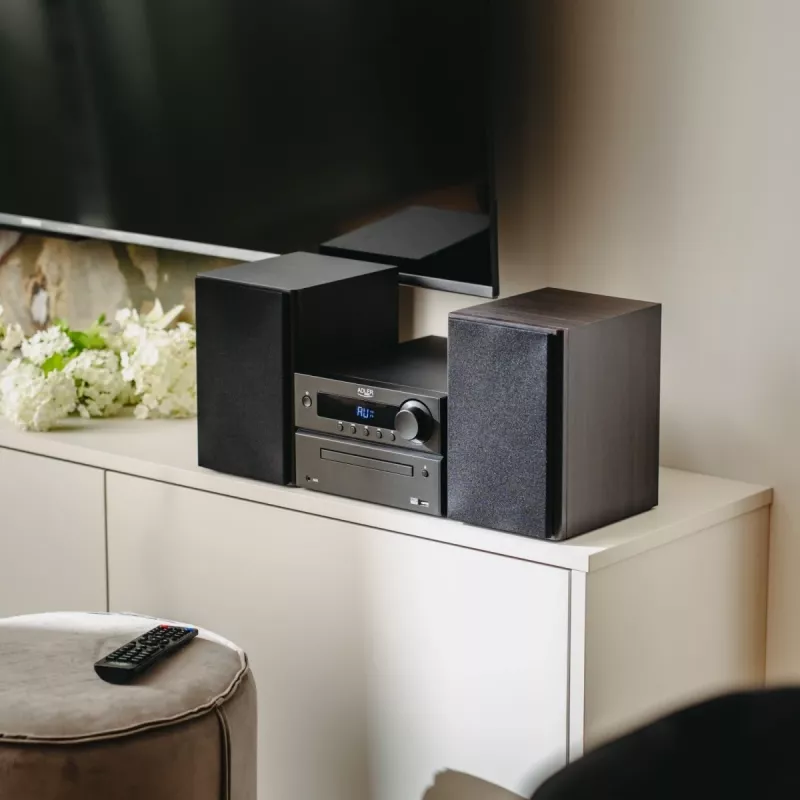 Mini hifi-stereosysteem Adler AD 1917 — Bluetooth V5.3, cd/usb/mp3, 2×25 W RMS, FM-tuner, 4-bands equalizer, AUX, zwart