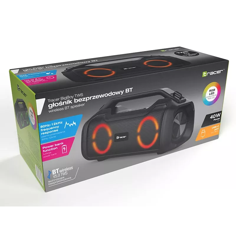 Stereo draagbare luidspreker TRACER BigBoy TWS Bluetooth 40 W RMS, Bluetooth 5.3, 12 u accu, zwart