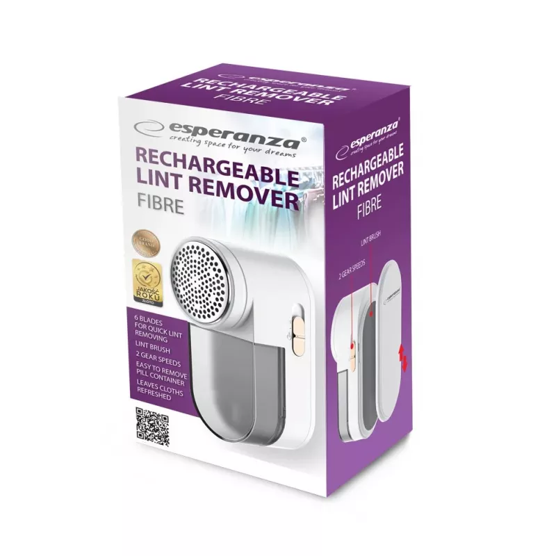 Pluizenrazer ESPERANZA ECS010 compacte elektrische pluizenverwijderaar, 6 messen, RVS, kop Ø5,3 cm, oplaadbaar 485 mAh, 60 min looptijd, wit
