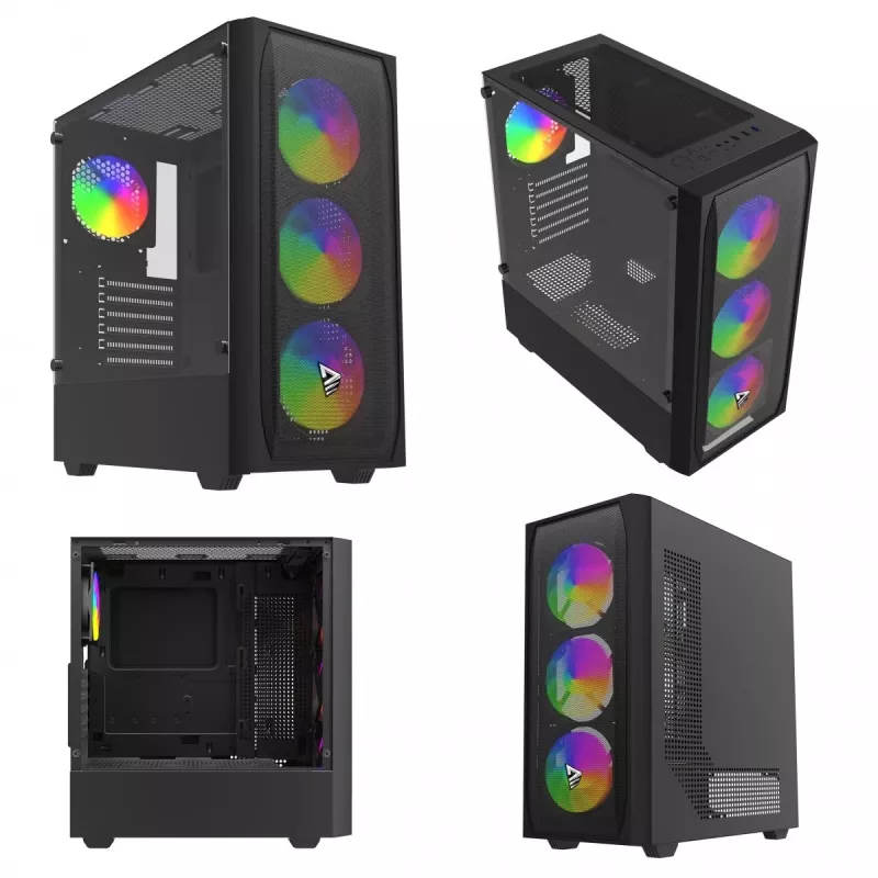 PC-behuizing SAVIO Noctis Flow RGB — Cube, ATX/Mini-ITX, 3x 120 mm frontventilatoren, zijvenster van gehard glas, max. GPU 35 cm