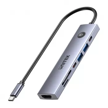 USB-C-hub Unitek H1124AGY01 met 100W PD, HDMI 2.0, 2x USB‑A, 2x USB‑C, SD/microSD-kaartlezer — aluminium