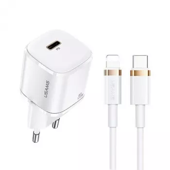 USAMS T36 mini USB-C netvoeding, 20 W, PD 3.0, met 1 m USB-C-naar-Lightning-kabel