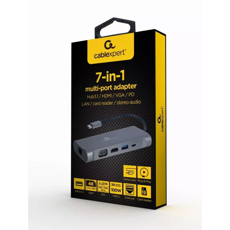 Gembird A-CM-COMBO7-01 notebook-dock/poortreplicator USB 3.2 Gen 1 (3.1 Gen 1) Type-A grijs