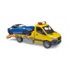 Bruder MB Sprinter autotransporter met licht- en geluidsmodule, oranje/blauw, incl. roadster