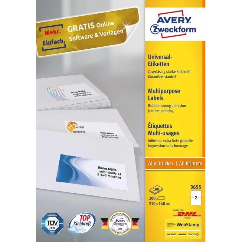 Avery 3655 zelfklevende etiketten rechthoekig permanent wit 200 stuks