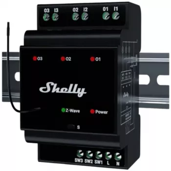 Slim relais Shelly Wave PRO 3 — zwart, kunststof behuizing, 110–240 V AC, 50–60 Hz, 0,3 W, 53×59×96 mm