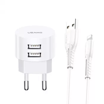 usams oplader T20 2x USB 2.1A met Lightning-kabel – draagbare USB-wandlader
