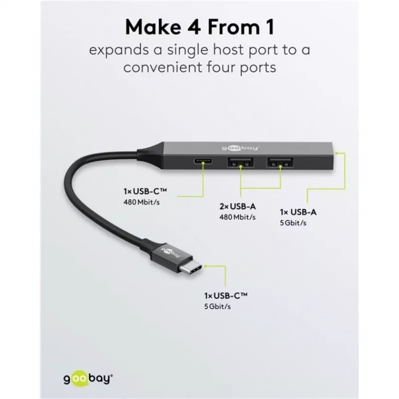 Goobay Slim 4-poorts USB-hub, USB-C™ naar USB-C™/USB-A, USB 3.2 (74459)