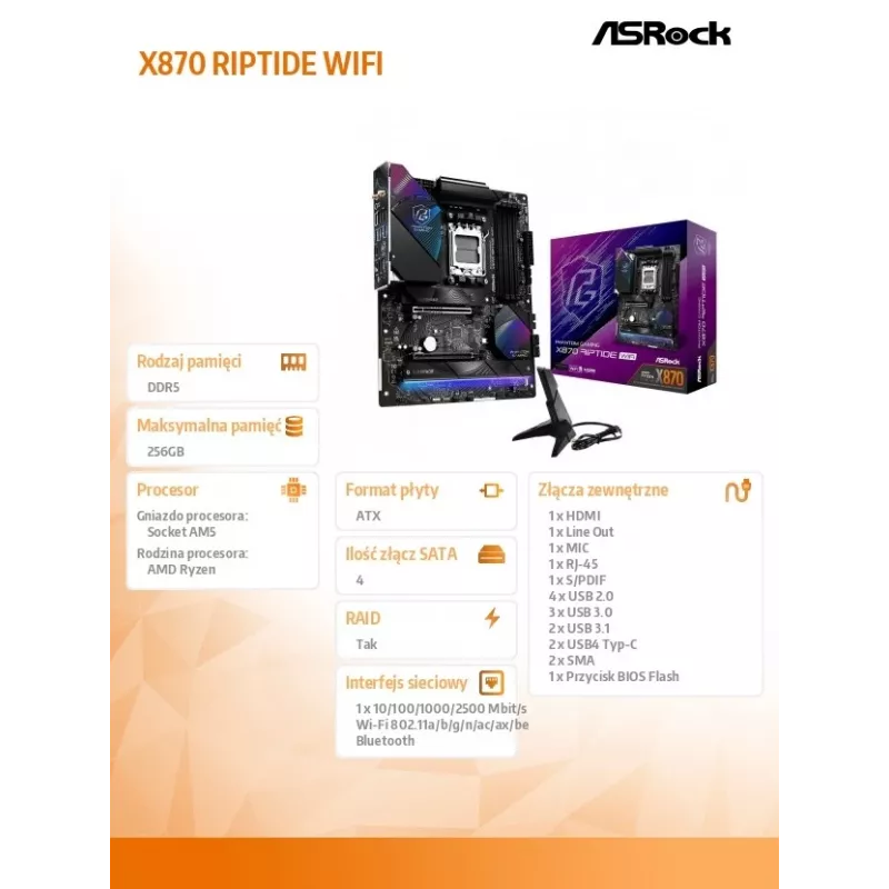 Moederbord ASRock X870 Riptide WiFi — ATX, AMD X870, Socket AM5, DDR5, 4 DIMM, 256 GB, Wi-Fi 7, 2,5GbE