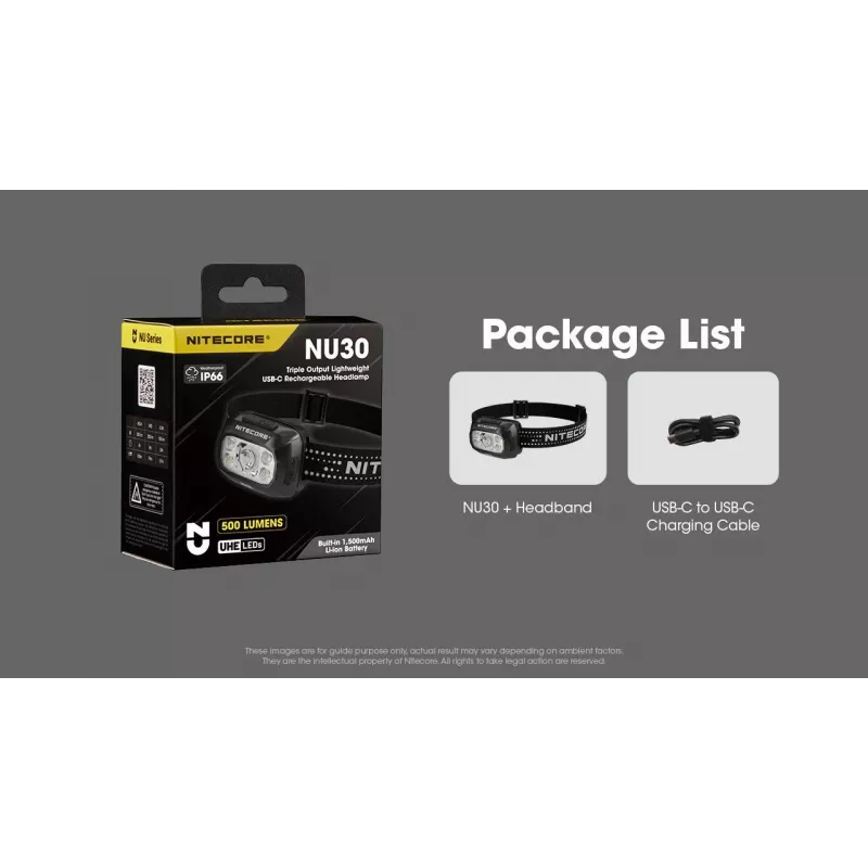 Hoofdlamp Nitecore NU30 — compacte, draagbare LED-hoofdlamp, tot 500 lumen, meerdere vermogensstanden, roodlichtmodus