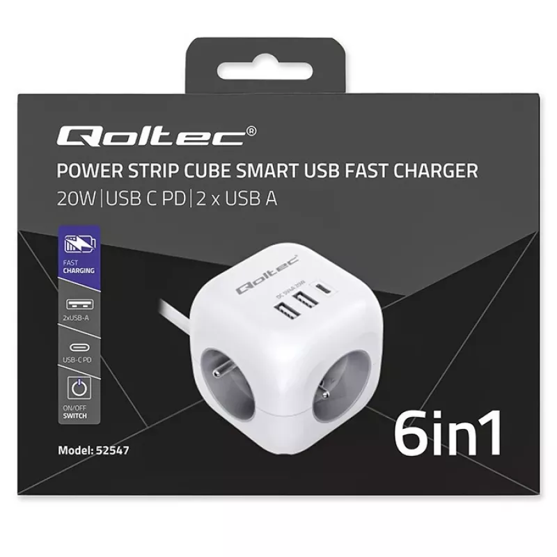 Power Cube QOLTEC 52547 stekkerdoos 3×AC-stopcontacten, 2×USB-A, 1×USB-C PD 20W