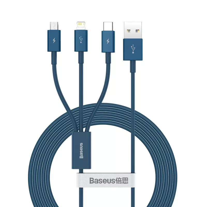 USB-kabel 3in1 Baseus Superior Series, USB naar Micro-USB / USB-C / Lightning, 3,5 A, 1,5 m (blauw)