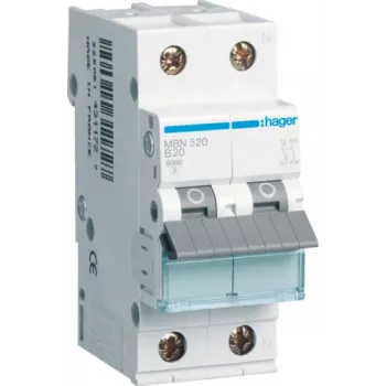 Hager MBN520. Aantal polen: 2P. Netfrequentie: 50/60 Hz, nominale uitgangsstroom: 20 A (MBN520)