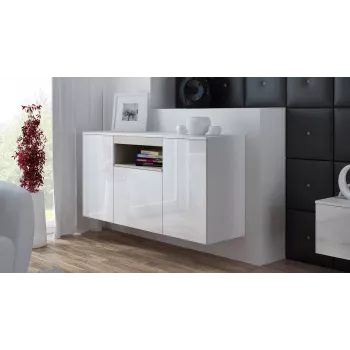 Sideboard Cama Meble VIVA 150 — wit/wit hoogglans en Sonoma eiken, 3 deuren, 5 legplanken, 1500×450×800 mm