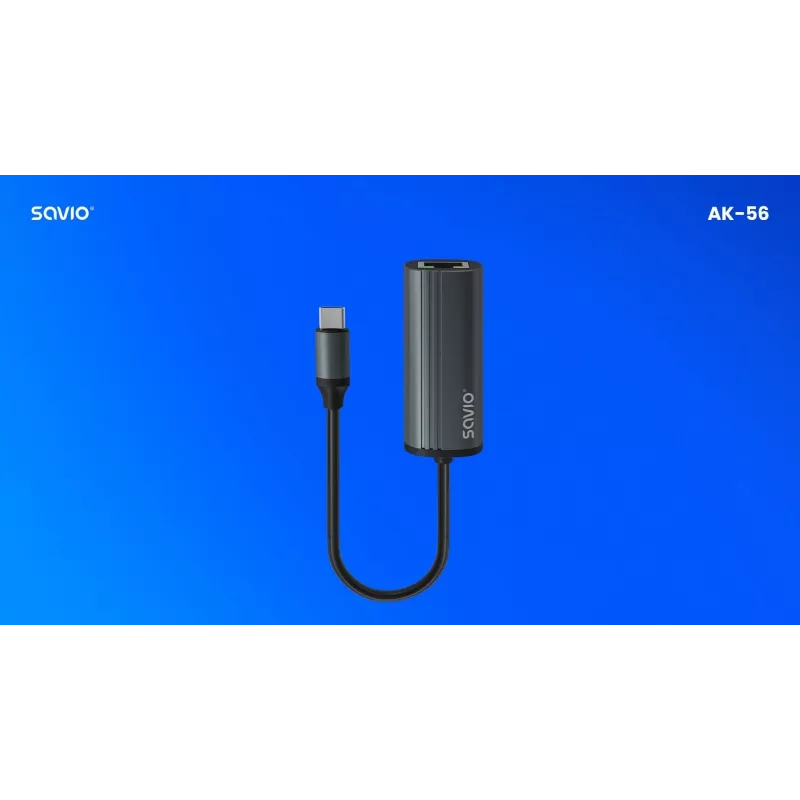 SAVIO-adapter USB-C 3.1 Gen.1 (M) naar RJ-45 Gigabit Ethernet (F), 1000 Mbps, AK-56, grijs