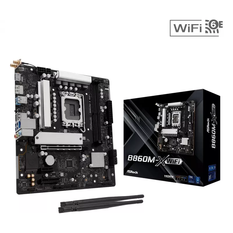 Moederbord ASRock B860M-X WiFi — Intel B860, LGA 1851, micro ATX, DDR5, 2x DIMM, 4x M.2, 2.5Gb LAN, Wi‑Fi 6E, Bluetooth 5.3
