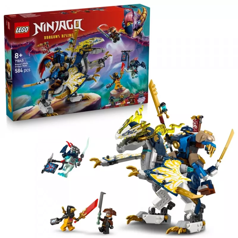 LEGO NINJAGO set 71843 Rogue's Mech Dragon Rider — 584 onderdelen, 4 minifiguren, 190 mm modelhoogte