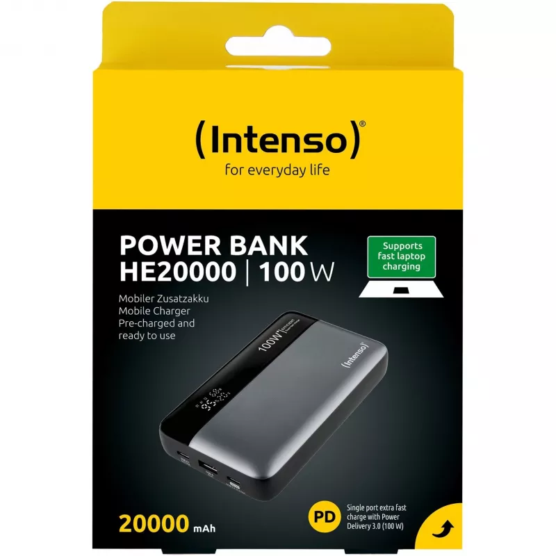 Powerbank INTENSO 7350050 — 20000 mAh, 1× USB-A + 2× USB-C, 100 W totale uitgangsvermogen, zwart/grijs
