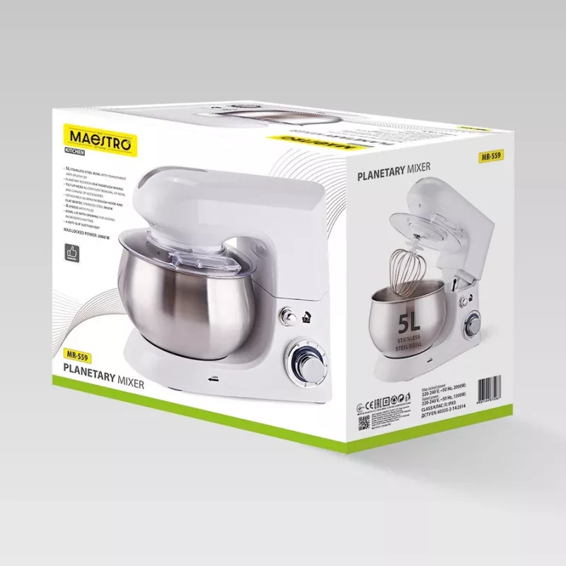 Planetaire mixer Maestro MR-559 keukenmachine, 5,0 L RVS-kom, 2000 W, 6 snelheden, draaiknop