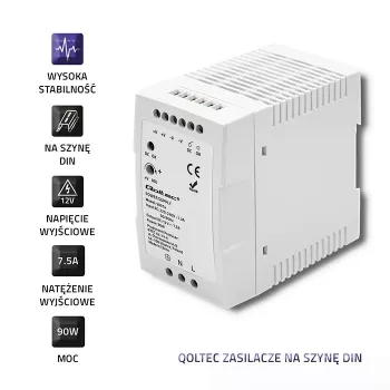 Qoltec 50914 DIN-rail voeding | 90W | 12V | 7,5A | wit | slank