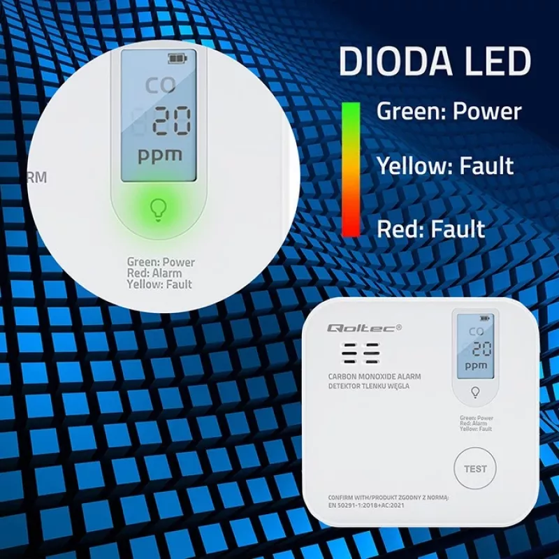 Koolmonoxide-sensor QOLTEC 52577 — batterijgevoed alarm, 85 dB geluidsniveau