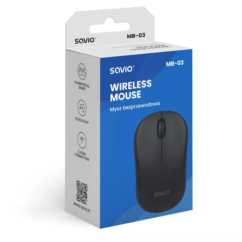 Savio MB-03 draadloze optische muis, 2,4 GHz USB-ontvanger, 1000 DPI, 3 knoppen, AA-batterij, 99x60x39 mm, 51 g, zwart