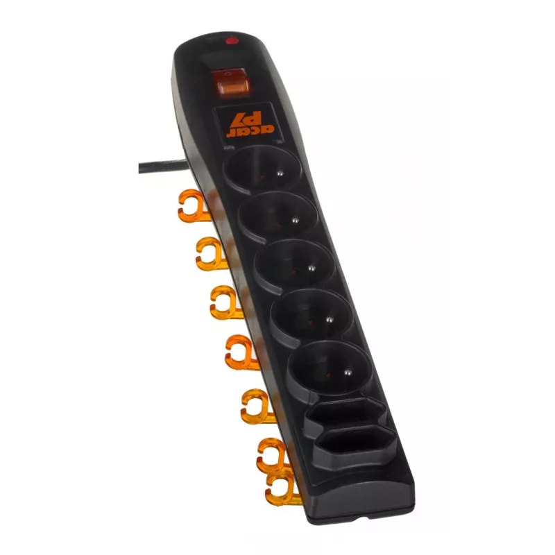 Acar P7 stekkerdoos met overspanningsbeveiliging, 7 contacten, 3 m, zwart