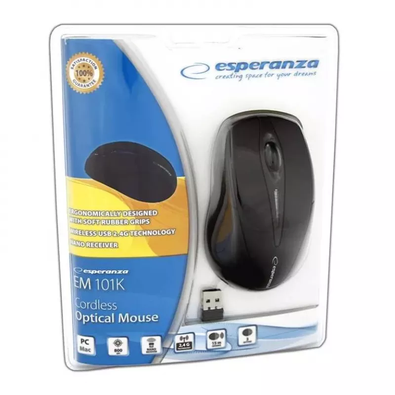 Draadloze RF-muis ESPERANZA EM101K, voor beide handen, 1000 DPI, 2,4 GHz nano-USB-ontvanger, zwart