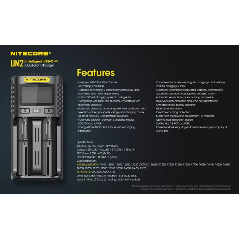 Nitecore UM2 acculader huishoudbatterij DC lithium-ion nikkel-cadmium